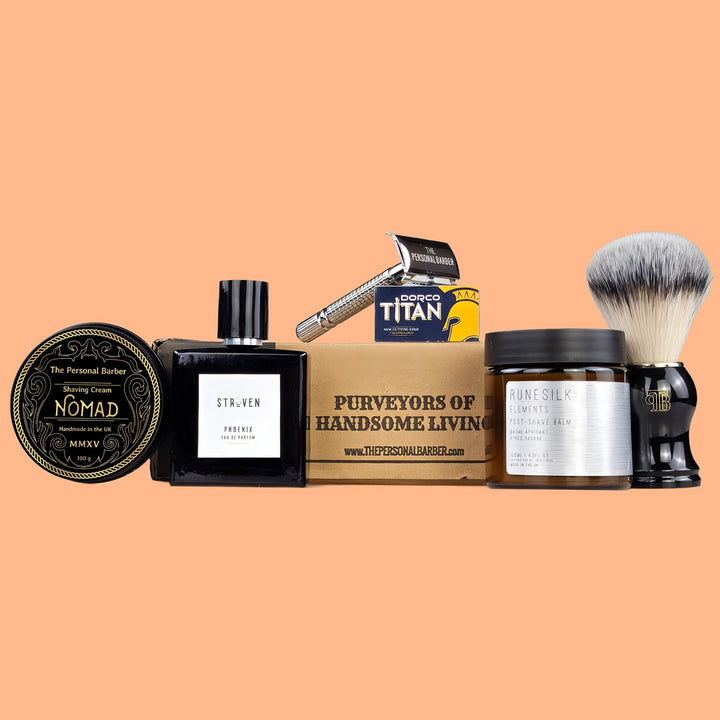 AprilMay25 Discovery Subscription Full Kit from The Personal Barber orange background