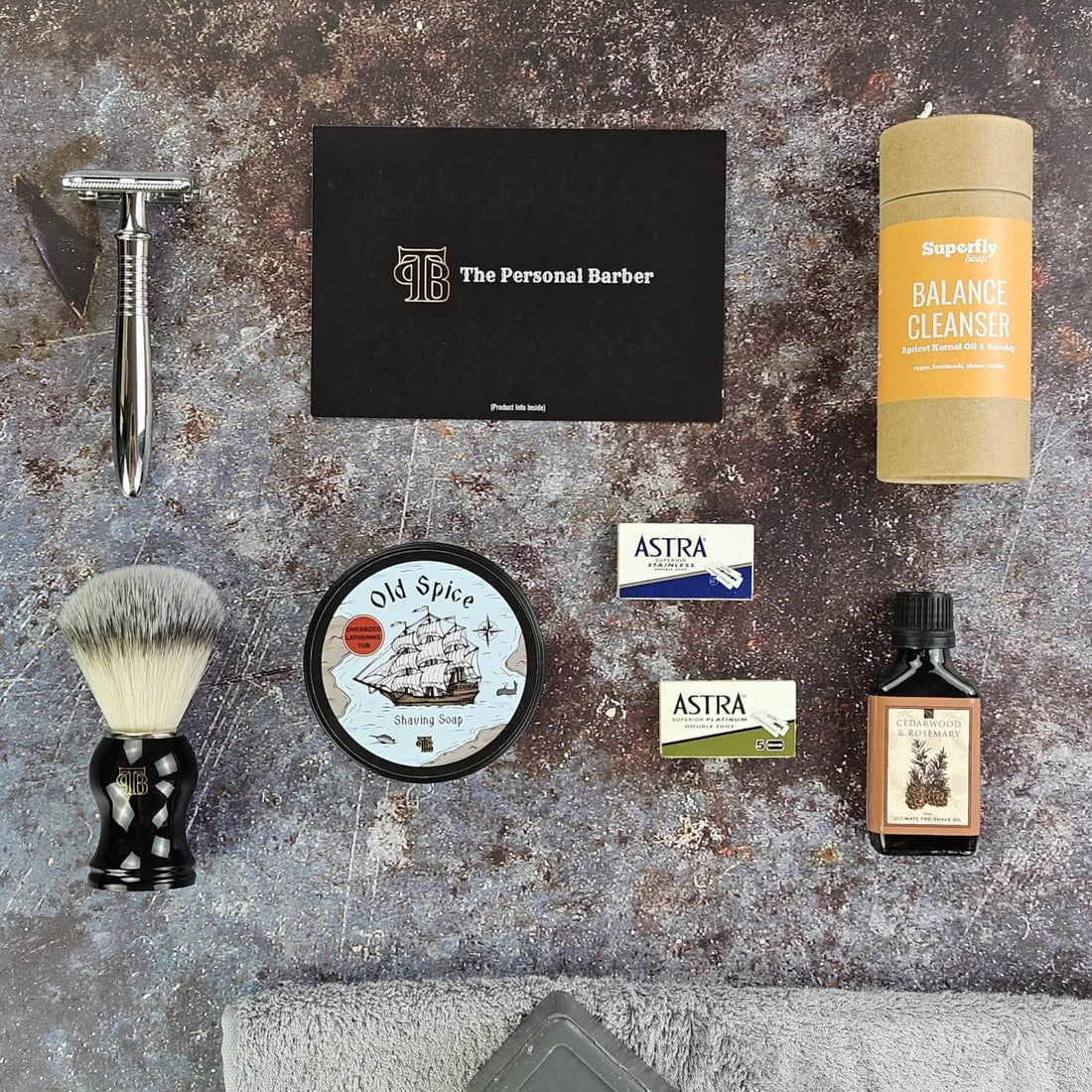 Pre-shave Selection: Shaving Soap, men's face cleanser, pre-shave oil, safety razor, shaving brush and DE blades