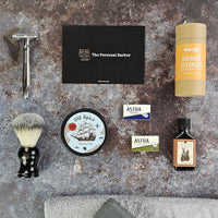 Pre-shave Selection: Shaving Soap, men's face cleanser, pre-shave oil, safety razor, shaving brush and DE blades
